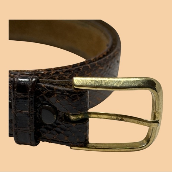 Snake Skin Brown Leather Belt 1” Wide x 34” Long Gold Tone Buckle - Picture 2 of 6